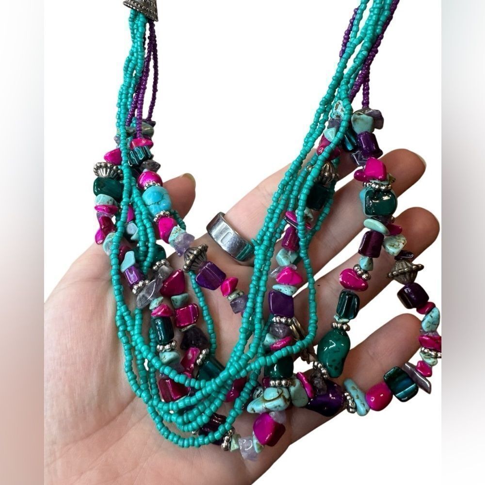 Real Turquoise & Glass Gemstone Multi Strand Necklace - Picture 2 of 7